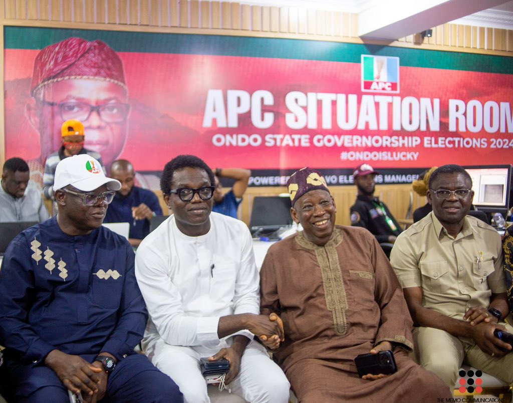 comradeadewale's tweet photo. Saturday November 16, 2024.

ENGR. GANDUJE LEADS APC GOVERNORS AND LEADERS TO APC ONDO STATE GOVERNORSHIP ELECTION MONITORING SITUATION ROOM. https://t.co/NoLGA1UFeO