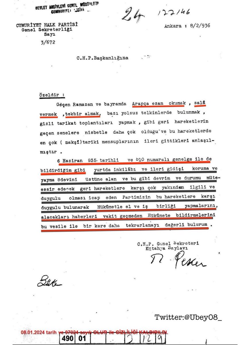 🔴|Devlet Arşivlerinde bulunan ve 08.01.2024 tarihinde gizliliği kaldırılan 08.02.1936 tarihli belgede CHP Genel Sekreterliğinin “1935’de bildirildiği gibi Arapça ezan okumak,sala vermek,tekbir almak gibi GERİ HAREKETLERDE” bulunanların İHBAR EDİLMESİ emrini verdiği ORTAYA ÇIKTI!