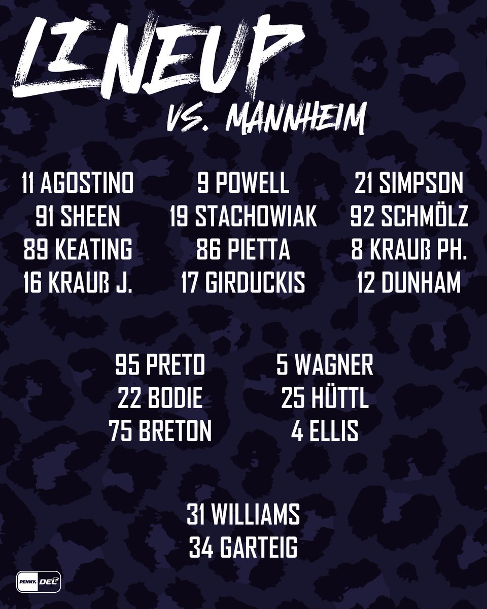 Unser Lineup gegen Mannheim! 💙🤍

Mat Bodie ist nach Sperre wieder zurück, und auch Daniel Schmölz steht nach Krankheit wieder im Kader. Zwischen den Pfosten steht Devin Williams.