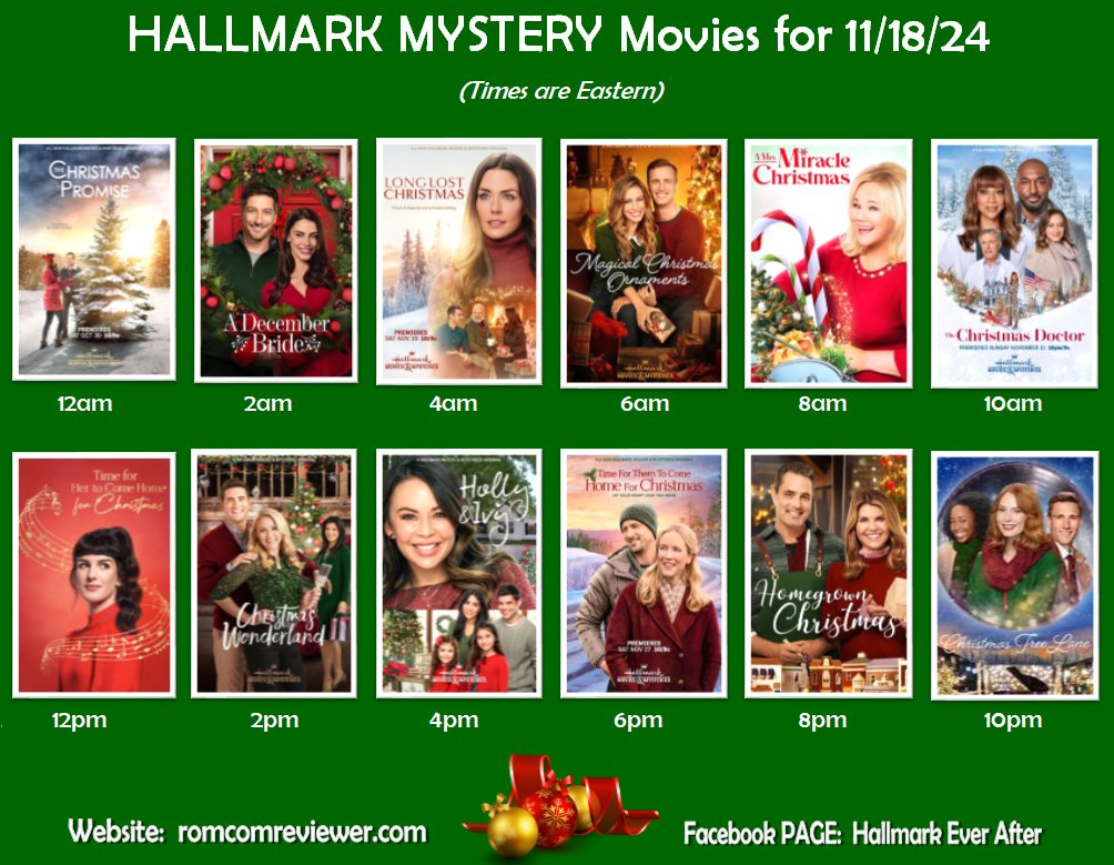 RomComReview1's tweet image. Here is the #HallmarkMystery schedule for MONDAY, NOVEMBER 18.

#MiraclesOfChristmas #HallmarkFans #Hallmarkies #HallmarkMovies #HallmarkChristmasMovies #HallmarkSchedule