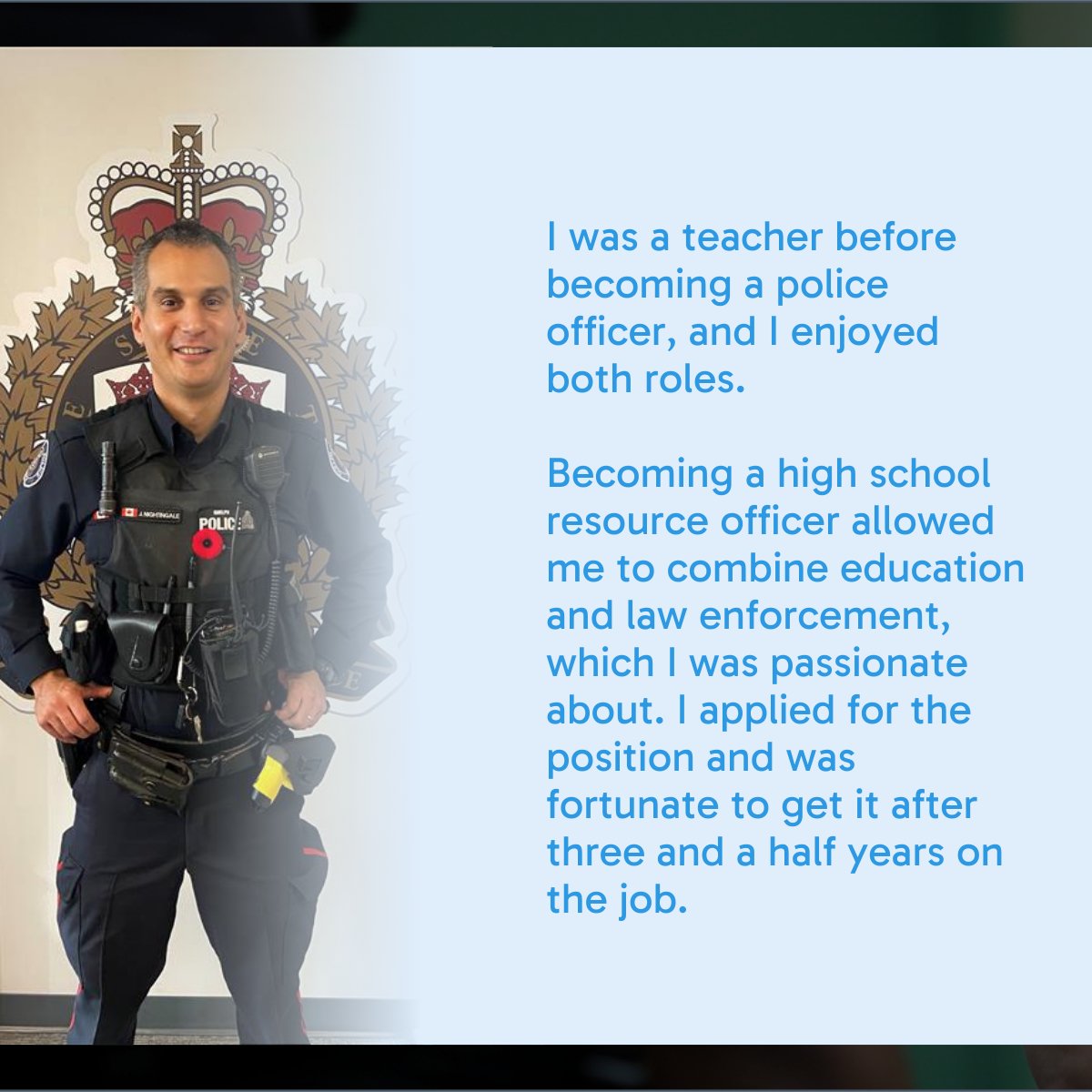 PoliceAssocON's tweet photo. Constable James Nightingale of the @Guelph_PA combines his background as a teacher with his passion for policing to build trust with students. Known as ‘Officer James,’ he builds relationships beyond the badge, treating students as partners rather than subjects. From explaining the role of law in everyday language to encouraging students to approach him with their concerns, Constable Nightingale is redefining what it means to be a resource officer.