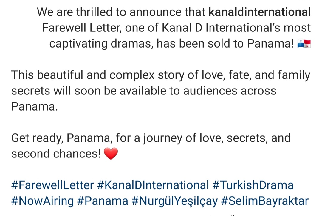 NurgulYArabia's tweet photo. يسعدنا أن نعلن أن رسالة الوداع ، واحدة من أكثر الأعمال الدرامية جاذبية في Kanal D International ، قد تم بيعها إلى بنما!
هذه القصة الجميلة والمعقدة عن الحب والقدر والأسرار العائلية ستكون متاحة قريبا للجماهير في بنما.
#nurgülyeşilçay || #alanur
#VedaMektubu
https://t.co/KT9UdJPjUf https://t.co/Xz8SFtDaeB