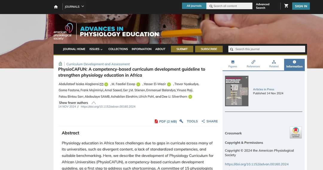 East African Society of Physiological Sciences (@easps_official) on Twitter photo Our Physiology Curriculum for African Universities (PhysioCAFUN) initiative is now published as a journal article in <a href="/AdvPhysiolEduc/">Advances in Physiology Education</a>, a journal of <a href="/APSPhysiology/">American Physiological Society</a>.
The full version will be available soon, but the current online version is now on PubMed pubmed.ncbi.nlm.nih.gov/39540344/. Our Physiology Curriculum for African Universities (PhysioCAFUN) initiative is now published as a journal article in <a href="/AdvPhysiolEduc/">Advances in Physiology Education</a>, a journal of <a href="/APSPhysiology/">American Physiological Society</a>.
The full version will be available soon, but the current online version is now on PubMed pubmed.ncbi.nlm.nih.gov/39540344/.
