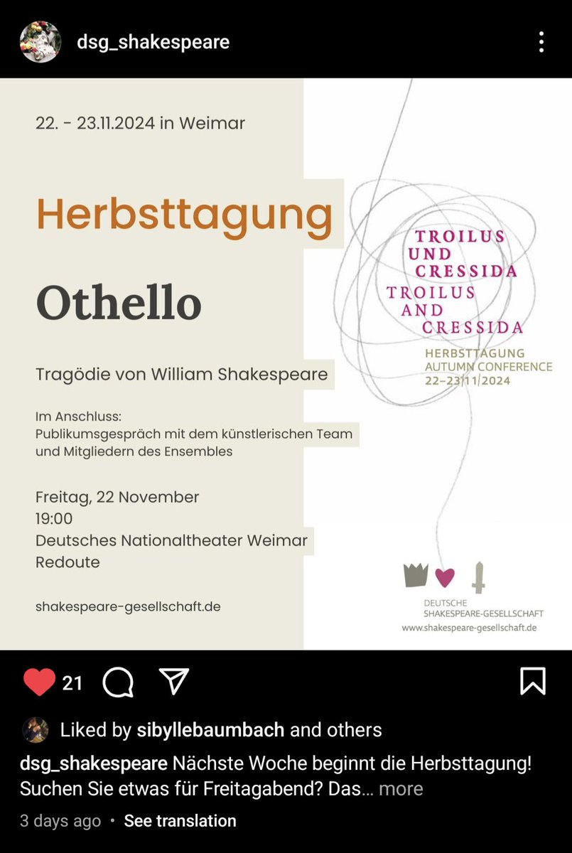 #Shakespeare's #Othello will be showing at the #DNT #Weimar as part of the #DSG autumn conference next week. With #Troilus and #Cressida &amp; #Othello and #Desdemona, there'll be lots of love (and lots of tragedy) to discuss.