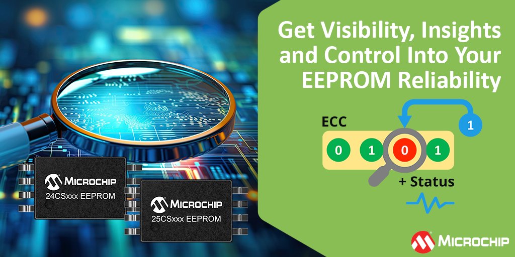 MicrochipTech's tweet image. As #EEPROM shrinks, chip makers use error correction to fight wear-out. But they don't offer visibility. That's why our CS EEPROM family includes Error Correction Status, handing you both insight and control: mchp.us/3UPTVbD. #I2C #EmbeddedElectronics #Arduino #MCUs