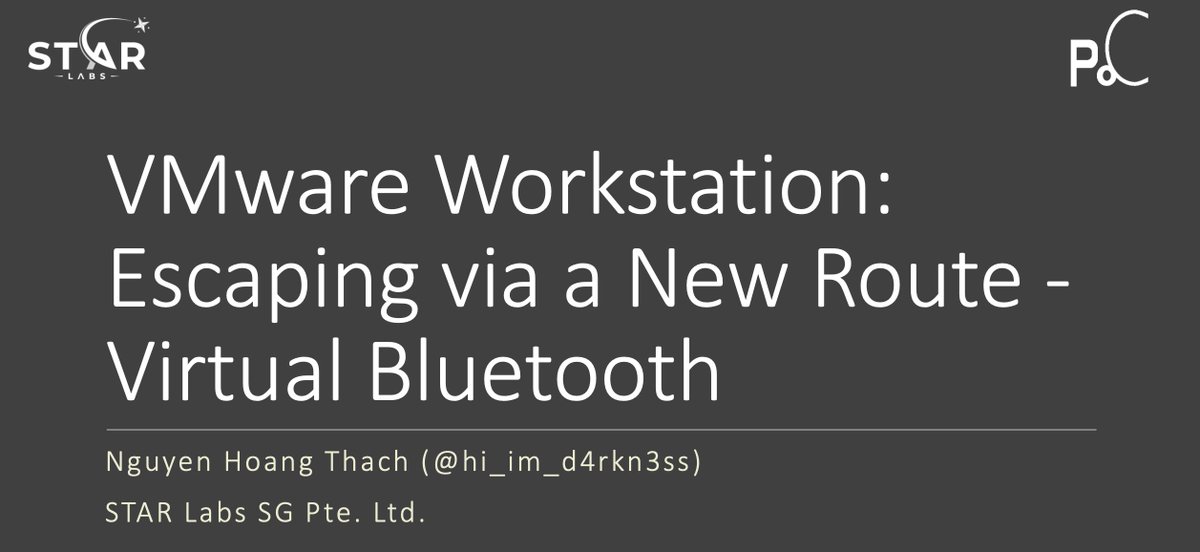 alexjplaskett's tweet photo. ✍️ VMware Workstation: Escaping via a New Route - Virtual Bluetooth by @hi_im_d4rkn3ss 

https://t.co/qkYhEmdW7H https://t.co/AnRPoJNBkg