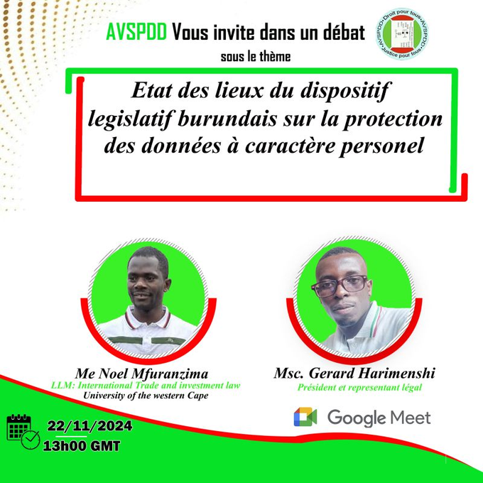 Vous êtes les bienvenus ce vendredi le 22.11.2024 
lien pour participer: meet.google.com/aon-rruu-zcc

<a href="/ntahibern/">Ntahiraja Bernard</a> <a href="/amanirakiza/">Alexis Mânirakíza,Ph.D.</a> <a href="/RabemiBdi/">RABEMI Burundi</a> <a href="/isoc_burundi/">ISOC BURUNDI Chapitre Burundais d'Internet Society</a> <a href="/ASTOUDIOUF10/">ASTOU DIOUF</a> @HannahMachlin <a href="/data4change/">data4change</a> <a href="/small_media/">Small Media</a> 
#DroitPourTous #JusticePourTous
#EMI