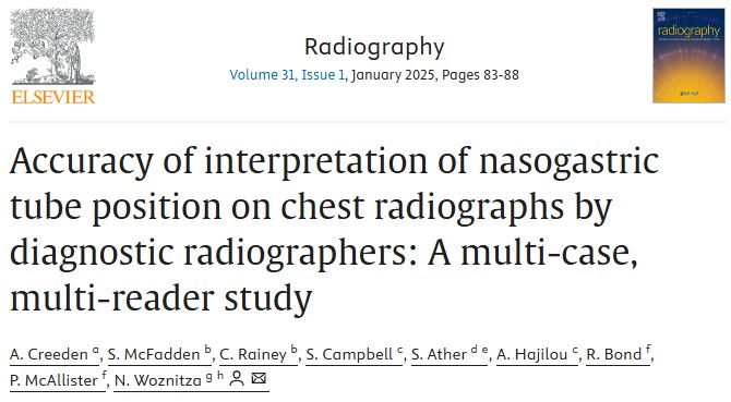 Proud to share our research, published this week, on diagnostic radiographers’ accuracy in assessing NGT placement on CXRs and making safe-to-feed decisions. The findings highlight the need for targeted training to enhance patient safety.  

Full study: doi.org/10.1016/j.radi…