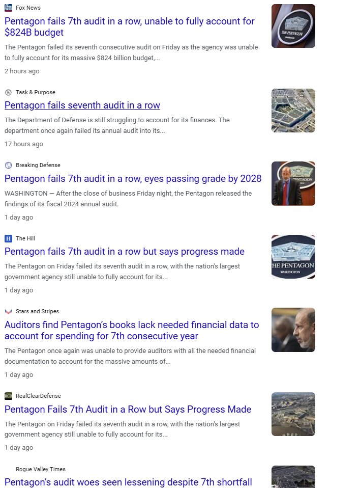 Sueno_songs's tweet image. A Google search displays the sparse #mockingbirdmedia coverage of the Pentagon's 7th failed audit. Notice any news outlets missing from this short list? Nothing to see here folks. Now go fight about trans athletes &amp;amp; abortion some more &amp;amp; don't worry about these accounting hiccups.