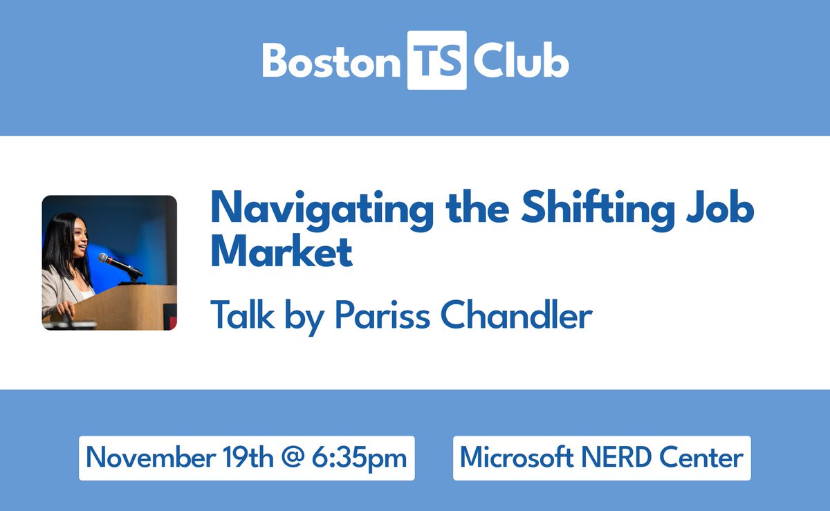 🌟 Speaker Spotlight: Pariss Chandler

Join Pariss Chandler as she explores the evolving job market, unpacking factors like layoffs, hiring freezes, and fewer openings. 

📍 Location: Microsoft NERD Center
📅 Tuesday, November 19 | 🕡 6:35 PM

#bostonts #career #community