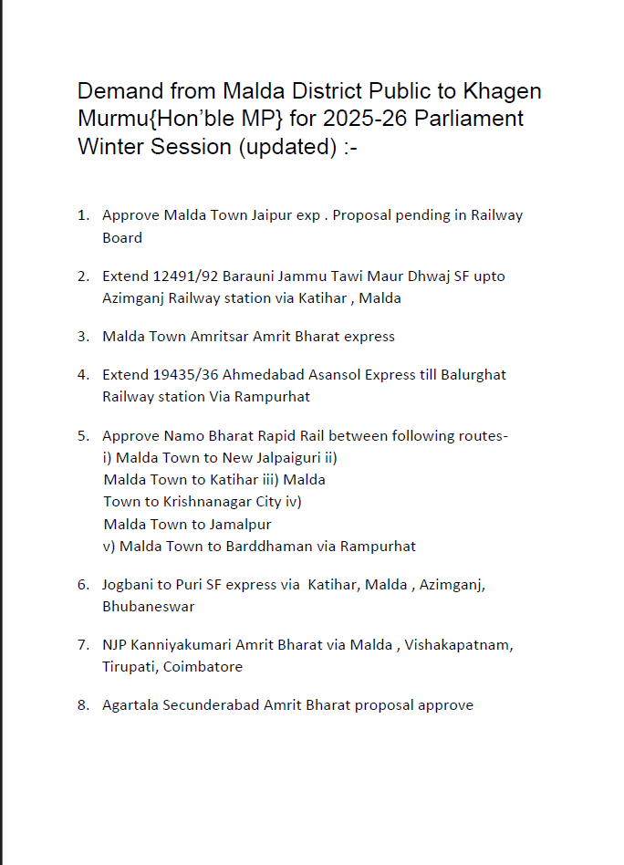 DiptarghaRF's tweet photo. @khagen_murmu @sreerupa_mitra Dear MP Sir &amp; MLA Mam , please fulfil these demands of Malda district in the upcoming winter Session of Parliament . These are very important &amp; have been raised by several organisations of Malda District https://t.co/9PXRzoubCQ