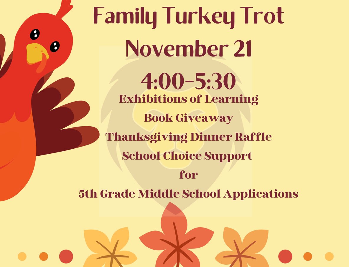 Join us for our Family Turkey Trot! You can come any time between 4-5:30 to be part of the fun. Families can: see exhibitions of student learning, get free books, enter our Thanksgiving Meal giveaway, spend time together as a family enjoying the afternoon. #AISuccess #weareJCPS