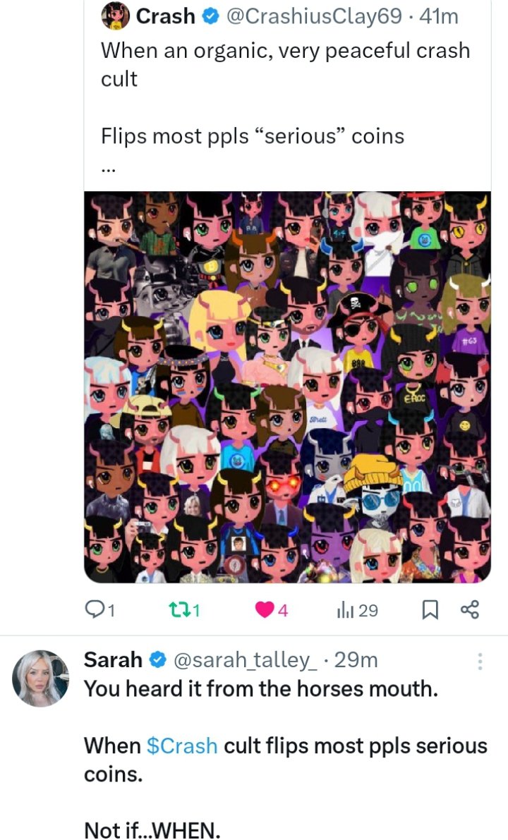 GuleleMartian's tweet photo. @RoaringKitty 💥Cult+ 💥Narrative+💥Community=🏆&amp; $Crash has it all:

 1. The wave of pfp shows we are a neo-religion/cult. 
 2. Winners buy the blood-the $Crash-not green 📉+king of memes, @Crashiusclay69, fucks with us as the ETF of his calls. 
3.The $crash army bull-posts $Crash non-stop. https://t.co/sd5MSiCAeA