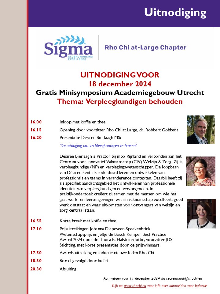 Rho Chi NL (@rhochinl) on Twitter photo Kom jij ook naar het gratis Minisymposium van Rho Chi op 18 december 2024? @DesireeBierlaagh spreekt en er worden verpleegkundige prijzen uitgereikt. Ook de Friend of Nursing Award en de Award voor Veelbelovende Verpleegkundige! Meld je aan via secretariaat@rhochi.eu Kom jij ook naar het gratis Minisymposium van Rho Chi op 18 december 2024? @DesireeBierlaagh spreekt en er worden verpleegkundige prijzen uitgereikt. Ook de Friend of Nursing Award en de Award voor Veelbelovende Verpleegkundige! Meld je aan via secretariaat@rhochi.eu