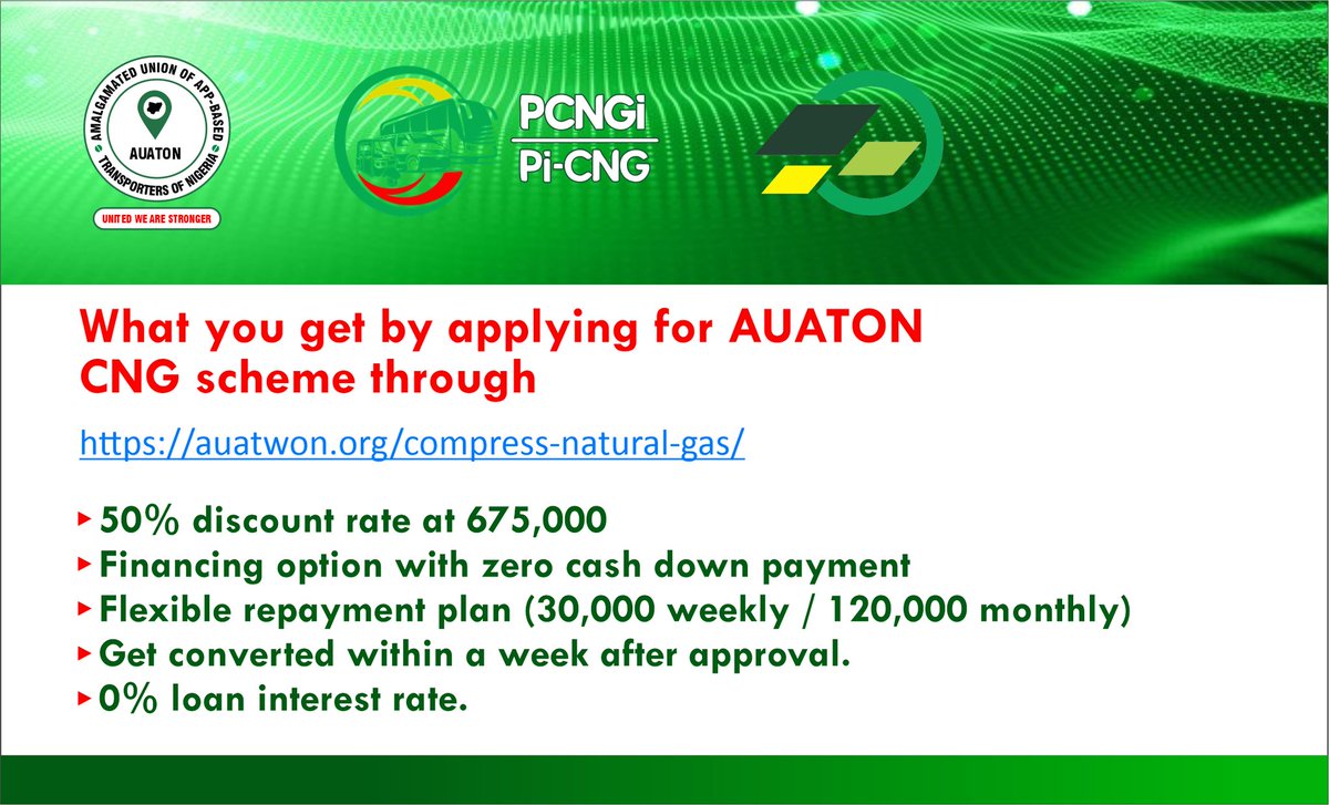CNG EXCLUSIVE OFFER FOR AUATON MEMBERS at an Unbeatable Price!

*Discounted Price: ₦675,000
- No down payment
- weekly repayment of #30,000.00
- Monthly repayment: ₦120,000.00
- Interest rate: 0%
- Repayment period 6 months
 Apply now at auatwon.org/compress-natur…