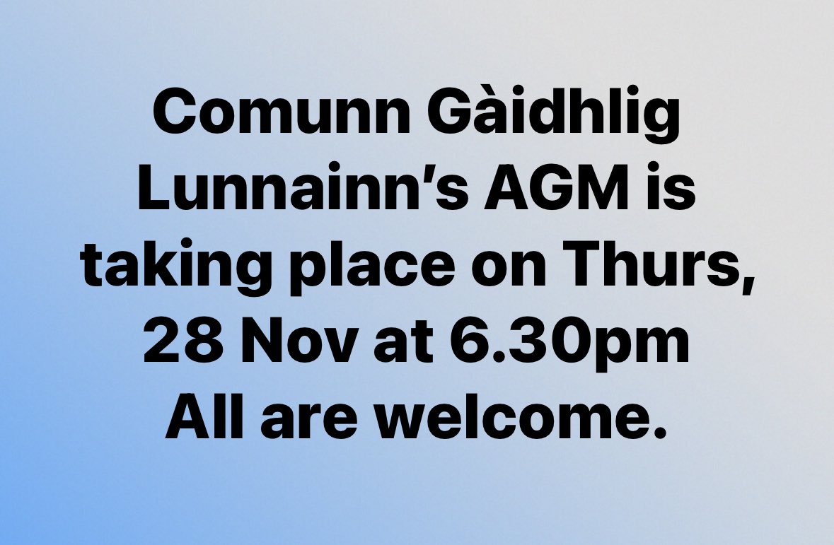 All <a href="/ComunnGL/">ComunnGL</a> members have been sent an email inviting them to our AGM on 28 November at 6.30pm. If you have not received an invite but would like to attend, please let us know - comunnlunnainn.co.uk/contact/defaul…