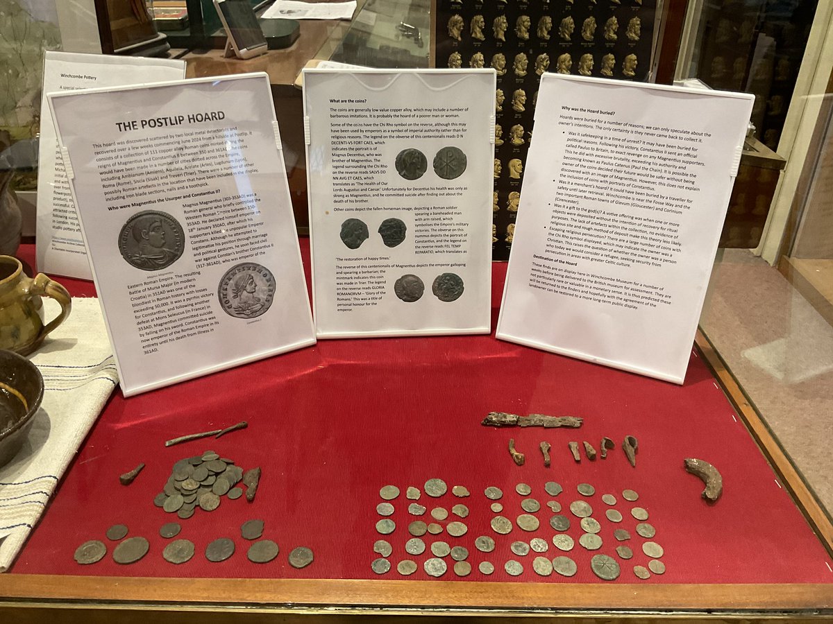Winchcombe_Mus's tweet photo. The Postlip Hoard - 111 Roman coins and artefacts dating from Constans to Magnus Magnentius (Magnus the Usurper) 350-353 C.E.   Found June 2024 at nearby Postlip.  On view at Winchcombe Museum.  #winchcombemuseum #romanhistory https://t.co/Jhv1pbNPLp