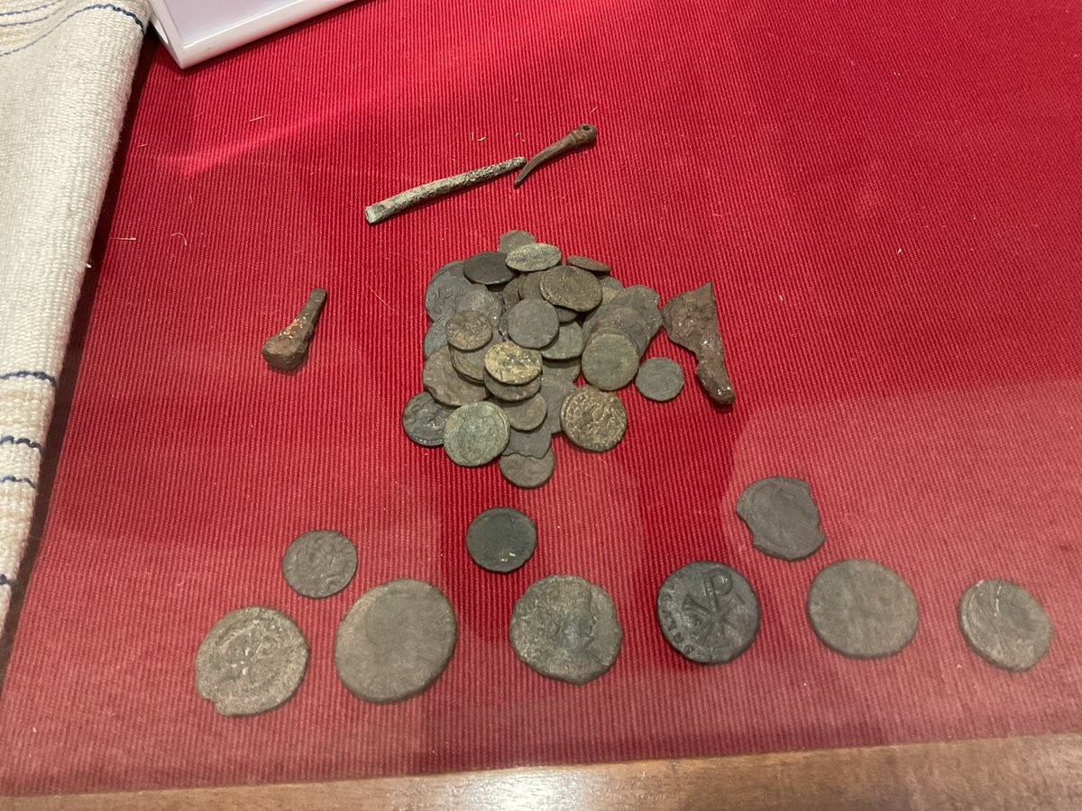 Winchcombe_Mus's tweet photo. The Postlip Hoard - 111 Roman coins and artefacts dating from Constans to Magnus Magnentius (Magnus the Usurper) 350-353 C.E.   Found June 2024 at nearby Postlip.  On view at Winchcombe Museum.  #winchcombemuseum #romanhistory https://t.co/Jhv1pbNPLp