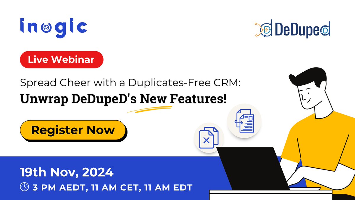 inogic's tweet image. Say goodbye to duplicates in your #Dynamics365 CRM! Discover DeDupeD&apos;s powerful features and see them in action at our #webinar

Register now: bit.ly/47z4GU5 

#DataDuplication #DataManagement #CRM #MSDyn365 #DeDuplication