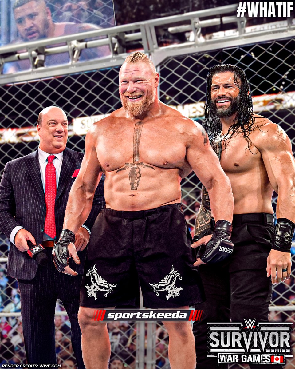 SKWrestling_'s tweet photo. #WhatIf Paul Heyman finally answers #RomanReigns' phone hours before #SurvivorSeries, and summons his former client as the fifth member for the OG Bloodline, the most decorated combat sports athlete on planet Earth, the Beast, BROCCKK LESSNAARR!!🔥

#WWE #BrockLesnar @HeymanHustle