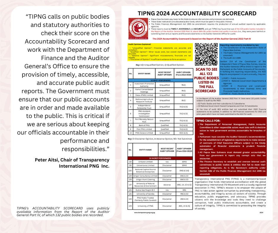 "The 🇵🇬Government must ensure that our public accounts are in order and made available to the public. This is critical if we are serious about keeping our officials accountable in their performance and responsibilities.”
Read our statement: transparencypng.org.pg/public-bodies-…