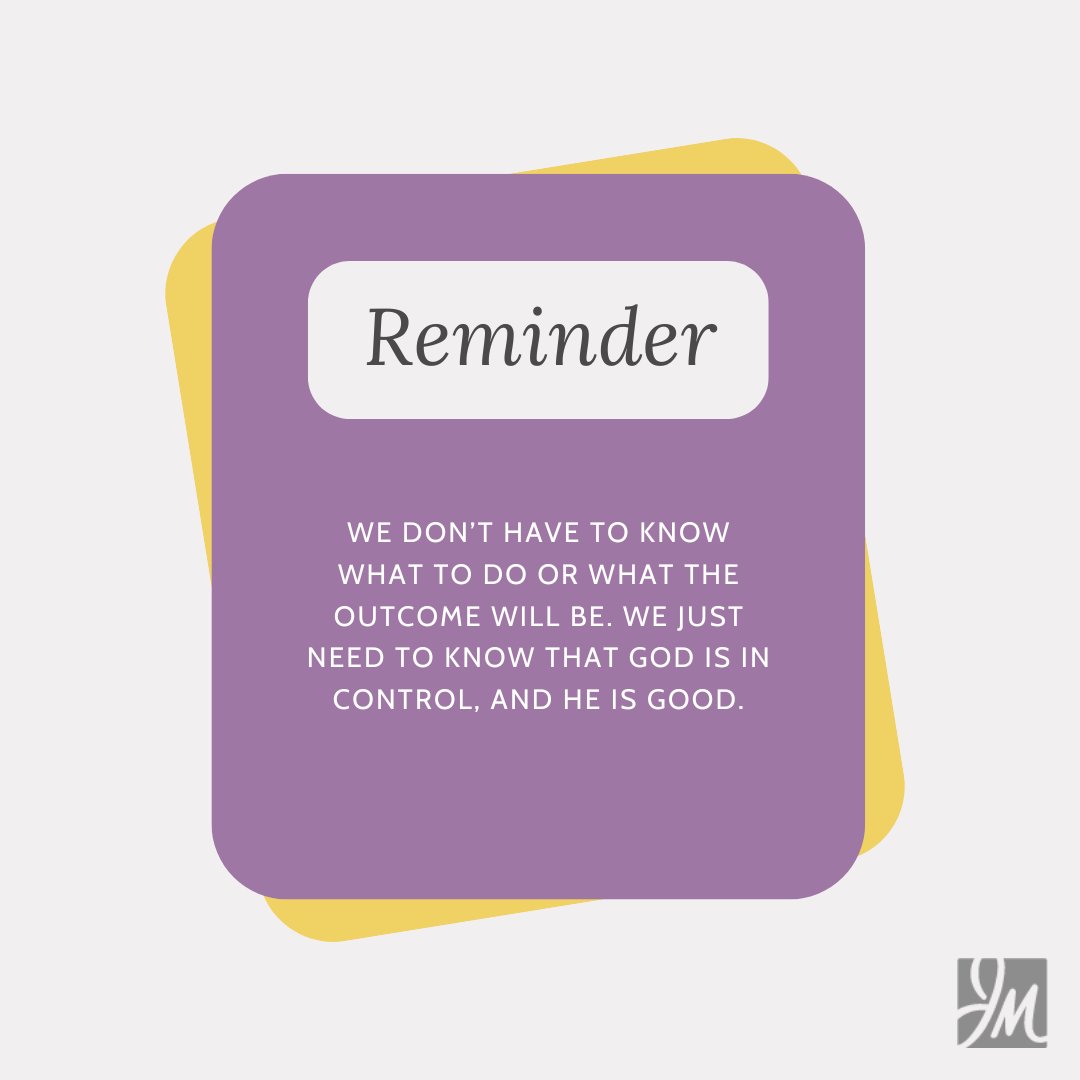 Trust says, "God is in control!" Most of the time, the reason we become anxious is we do not have the answers we want. We cannot stand uncertainty, so we worry and reason. We consider the various ways God could intervene in our circumstances and try to figure out what He should