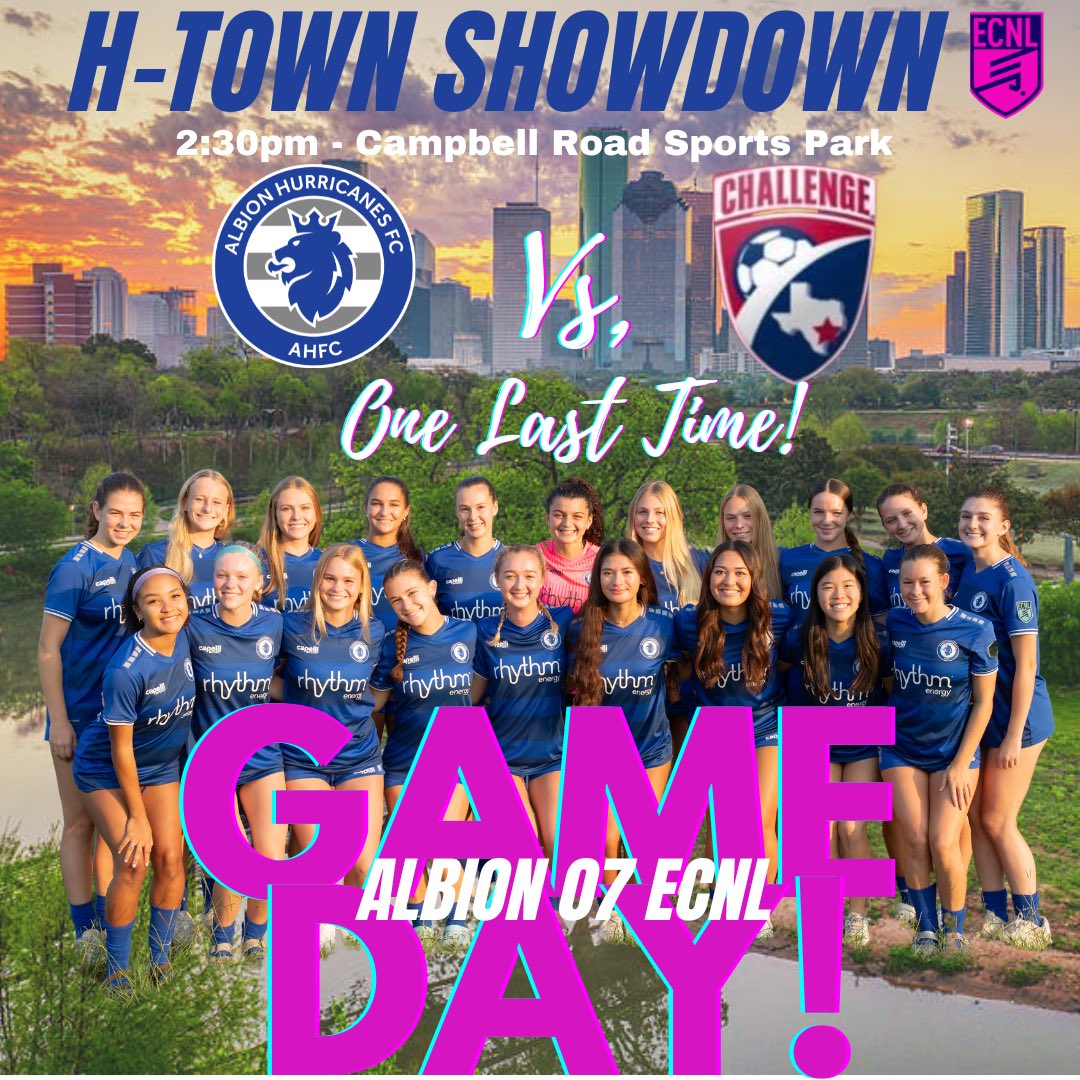 It’s Sunday Game Day!  It’s our last ever H-Town Showdown / Derby or whatever you want to call it vs our cross town rivals. Come watch us play if in town!

🆚<a href="/Challenge07ECNL/">Challenge 07 ECNL (U18/19)</a> 
🗓️TODAY!
⏰2:30pm
📍CRSP #1

#ahfcpride #ahfcsoccer <a href="/PrepSoccerTX/">Prep Soccer Texas</a> <a href="/ImYouthSoccer/">ECNL/GA/Recruiting/College Soccer</a> <a href="/TopDrawerSoccer/">TopDrawerSoccer</a>