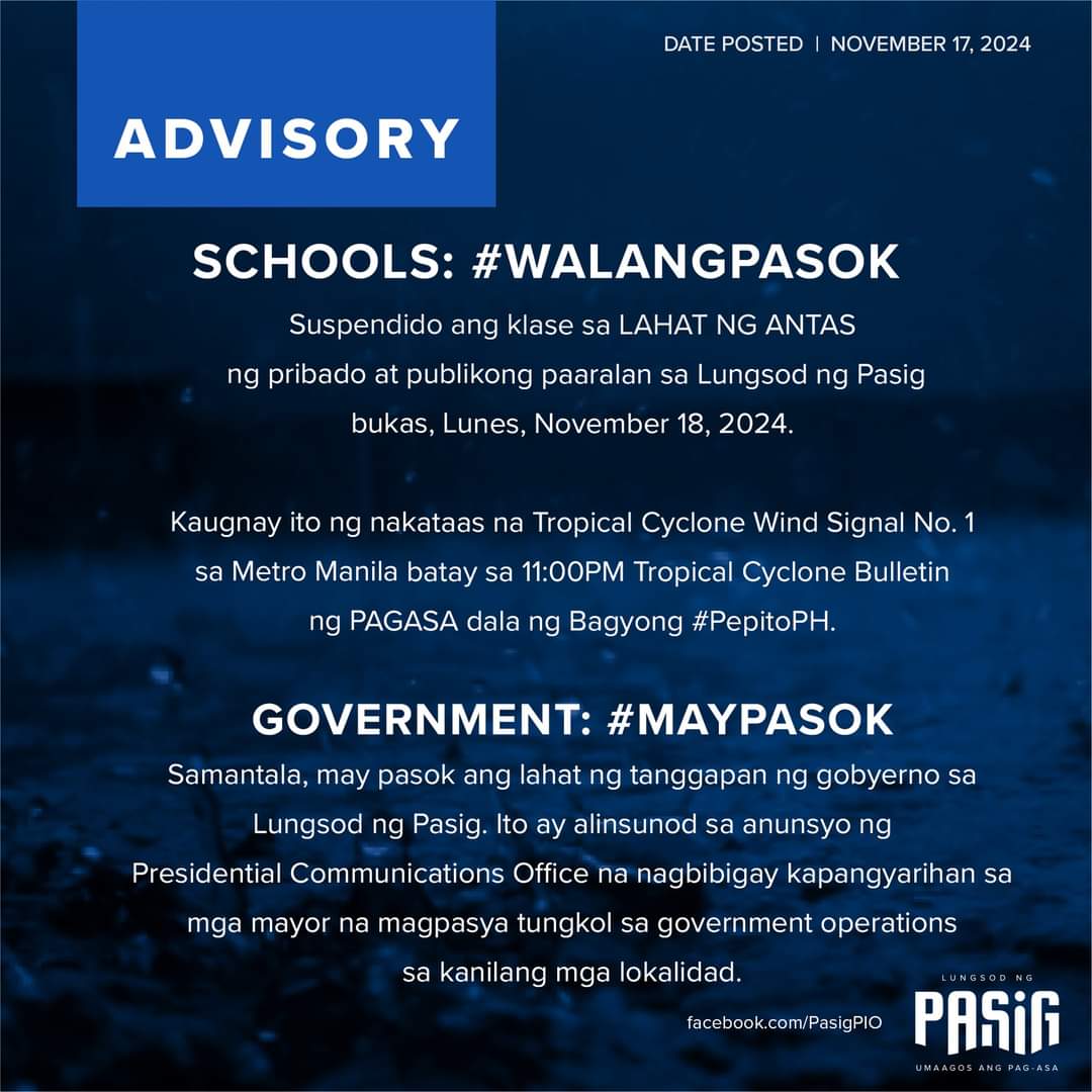 PasigNewsUpdate's tweet photo. #WalangPasok #PasigCity https://t.co/wlIBqVCJjq