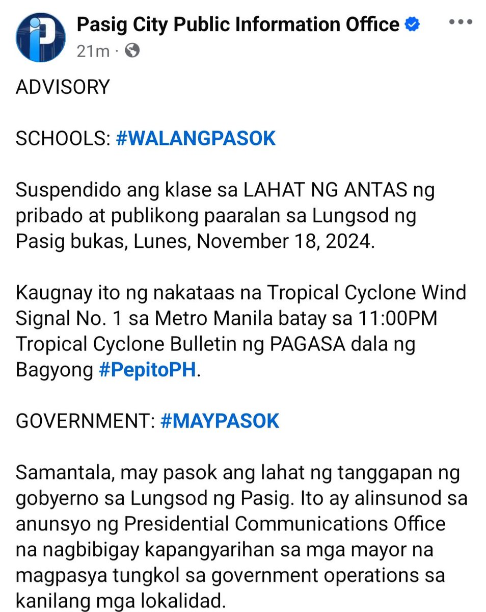 PasigNewsUpdate's tweet photo. #WalangPasok #PasigCity https://t.co/wlIBqVCJjq
