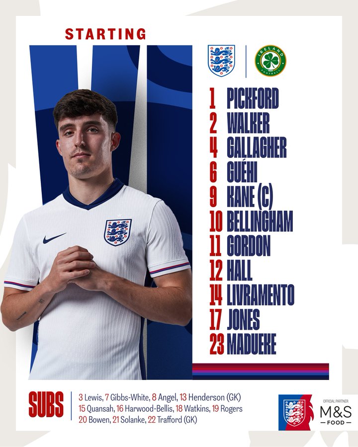 XI: Pickford, Walker, Gallagher, Guéhi, Kane (c), Bellingham, Gordon, Hall, Livramento, Jones, Madueke.