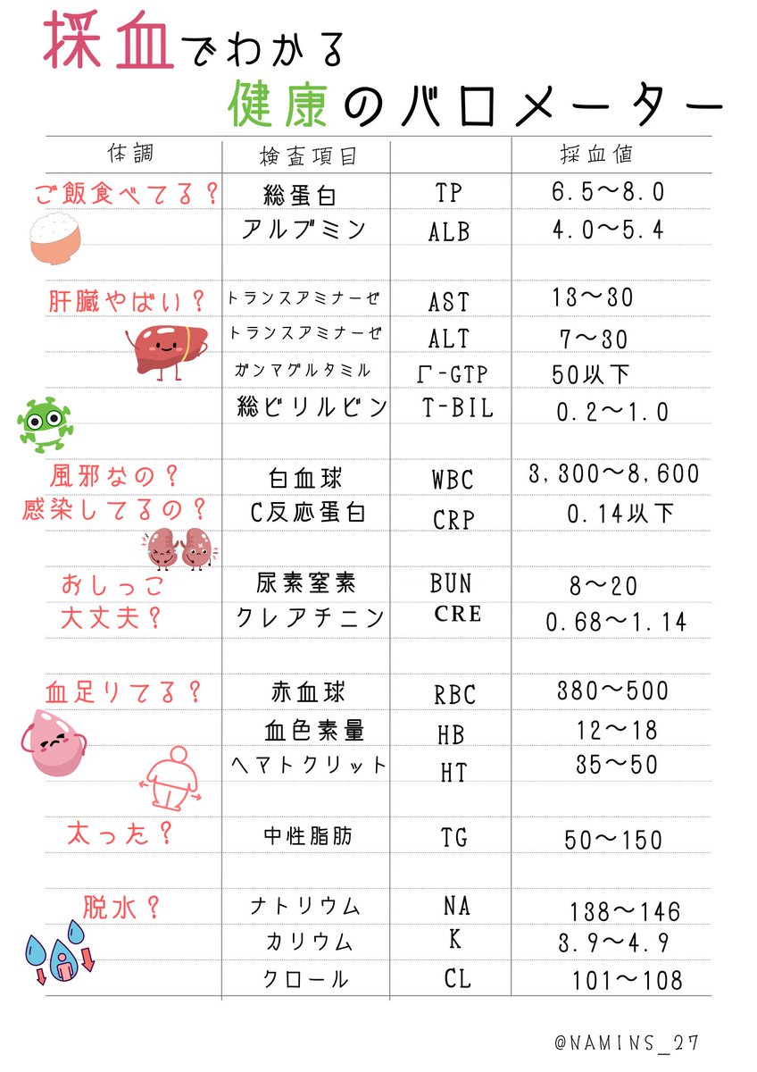 namins_27's tweet photo. 『 採血の結果 』説明されてもわからないって人。よく見るポイントまとめました。
採血は数字で見てわかりやすい
” 健康のバロメーター ”比較しやすいので、意味を知ればもっと勉強になるよ。 https://t.co/JIUSnLVFeb