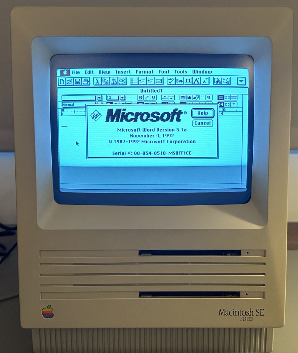 moorejh's tweet photo. MS Word running on my Mac SE. Created a hard disk image with lots of software using the https://t.co/yce4oKmrL5 website. Loaded that onto a MicroSD card that booted through a BlueSCSI connected to SCSI port. Fun! #retrocomputing #macintosh #MacSE #bluescsi https://t.co/9KeuTvBCcb