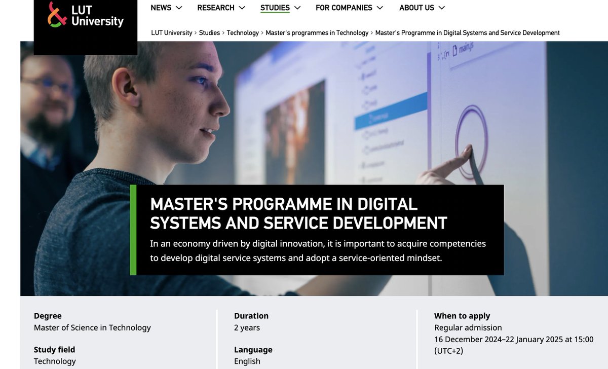 Dominik Siemon (@thebrodi) on Twitter photo Regular admission for <a href="/UniLUT/">LUT University 🚀</a> programs starts soon. Check out our <a href="/LUTsoftware/">LUTsoftware</a> programs and especially "Digital Systems and Service Development": lut.fi/DSSD
The program is accredited by international Euro-Inf® and ASIIN standards! Regular admission for <a href="/UniLUT/">LUT University 🚀</a> programs starts soon. Check out our <a href="/LUTsoftware/">LUTsoftware</a> programs and especially "Digital Systems and Service Development": lut.fi/DSSD
The program is accredited by international Euro-Inf® and ASIIN standards!