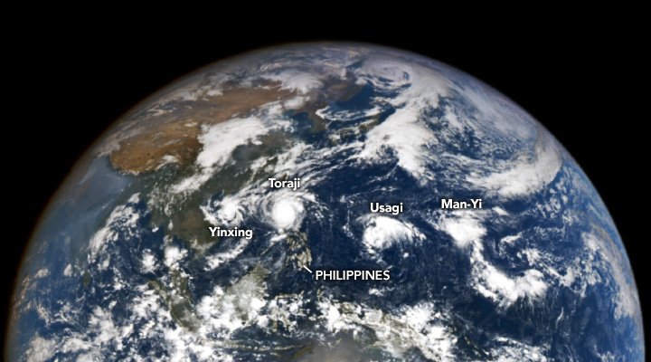 junisidro's tweet photo. For the first time since 1951, four #typhoons have hit the #Philippines in #November!
📸 @NASA's EPIC (Earth Polychromatic Imaging Camera) instrument on the DSCOVR (Deep Space Climate Observatory) satellite Nov. 11 image of the storms—named #Yinxing, #Toraji, #Usagi, and #ManYi. https://t.co/Uu9LsZR5Lz