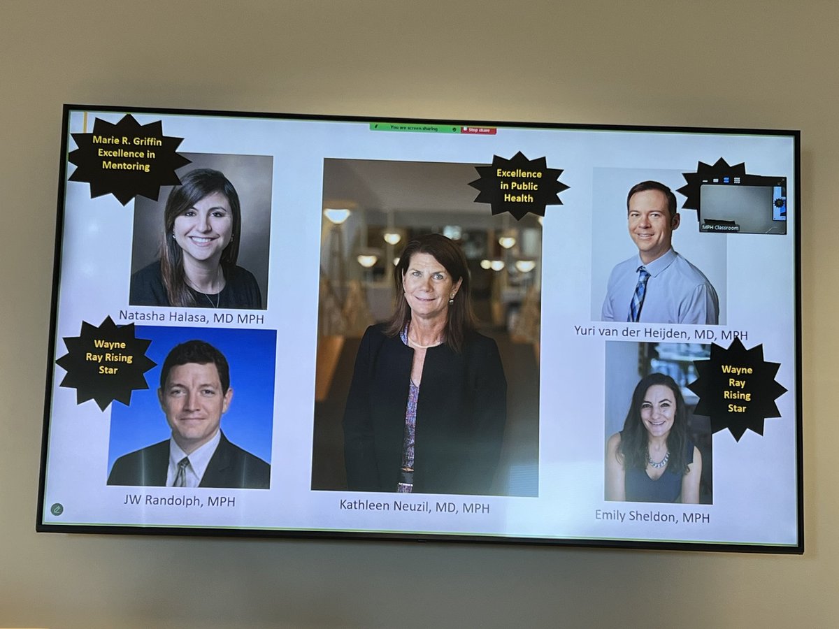 mariehmartin1's tweet photo. Congrats to @VUmedicine #VandyMPH alums who make a difference in their communities daily!
Rising Stars: @eksheldon &amp; @JamesWRandolph 
Mentor: Natasha Halasa
Int’l Impact: Yuri van der Heijden
Excellence in #PublicHealth: Kathy Neuzil @vuglobalhealth @VUHealthPol @VUMC_IMPH https://t.co/XXdApQZLSG