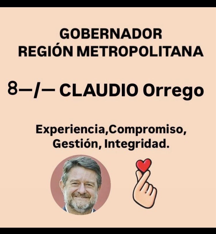 Yo voto por Claudio <a href="/Orrego/">Claudio Orrego L.</a>. El Gobernador. El que se preocupa de la naturaleza. El que fortalece municipalidades y policías con vehículos y tecnología. El que trabaja con todos, sin distinciones políticas. #SaberGobernarconTodos
#YoVotoClaudio🫰🏻❤️