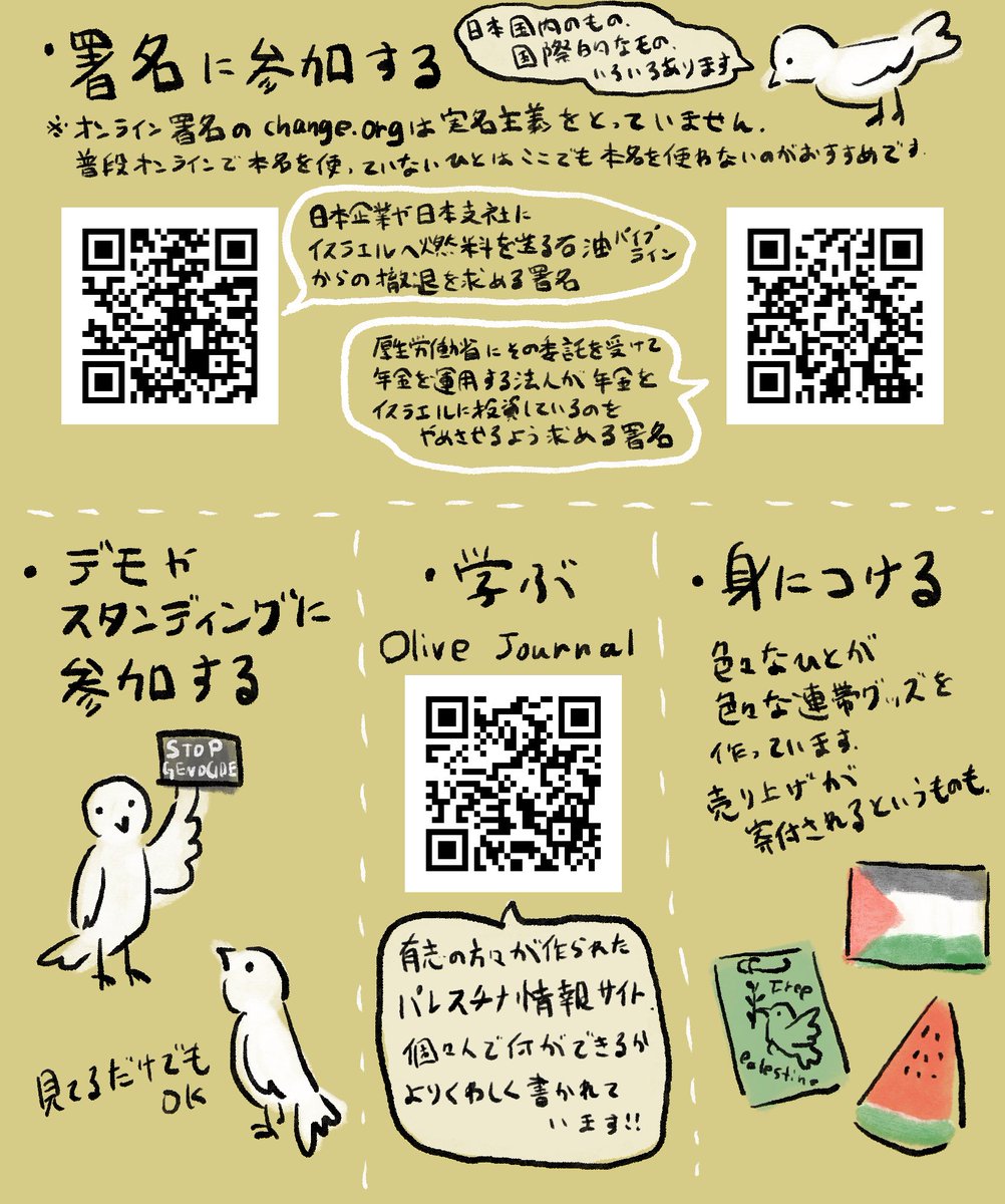 🕊️ガザのために色々(2/2)

できることをそれぞれやっていきましょう…🕊️

画像内に紹介した署名（登録は本名以外がおすすめ）
・change.org/stop-btc-pipel…
・change.org/Divest_Nenkin

学ぶための情報サイト
🫒 olivejournal.studio.site
（個人ができることについても、より詳しく知ることができる🙏）