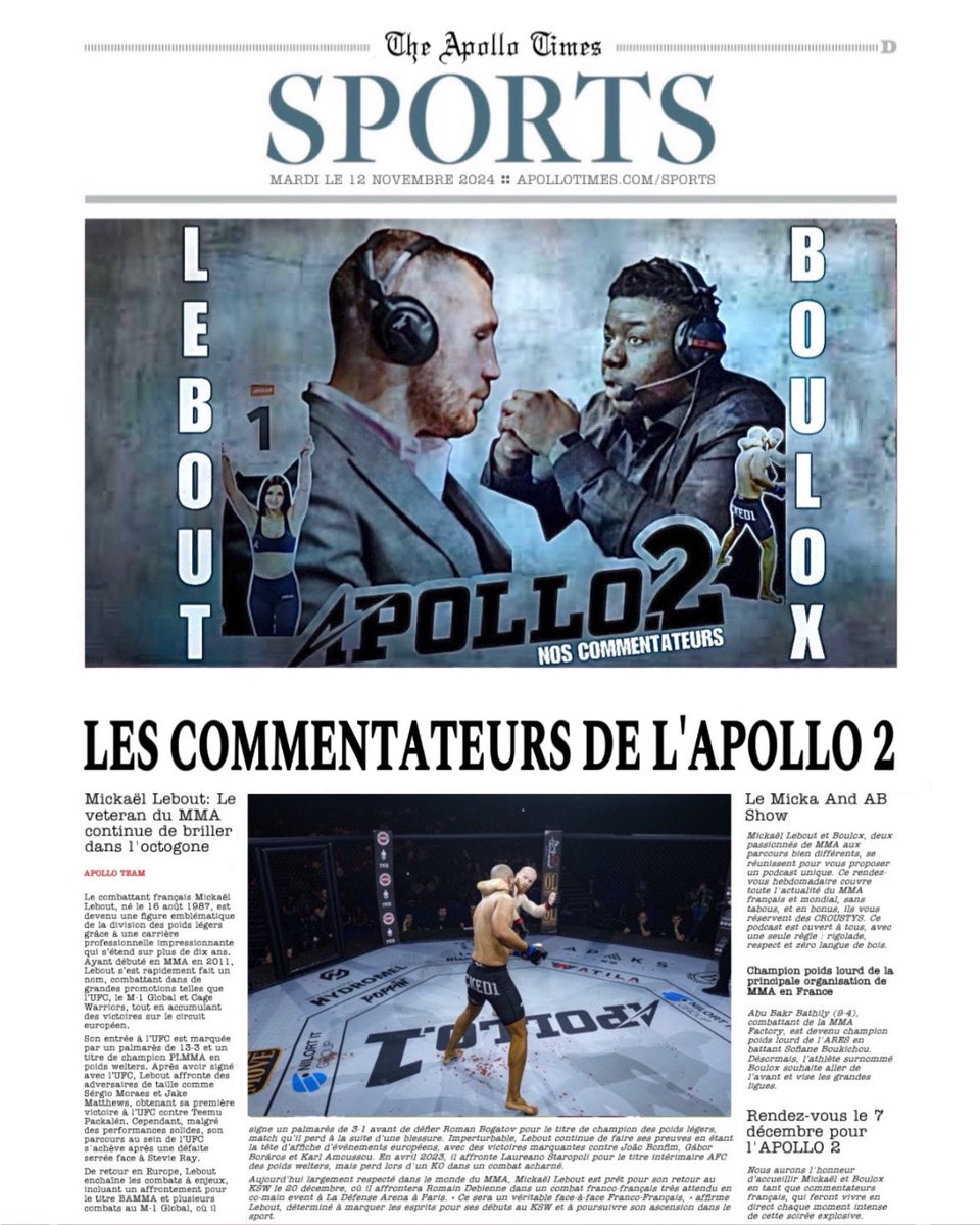 ApolloMMAcom's tweet photo. 🎙️ Mickaël Lebout et Abu Bakr « Boulox » Bathily seront aux commandes des commentaires pour l’APOLLO 2, en direct de La Garenne à Charleroi.
Rendez-vous le samedi 7 décembre pour les retrouver en direct à l’APOLLO 2.
#Apollo2 #ApolloMMA #ApolloMMA2 https://t.co/IsZTP3gKBt