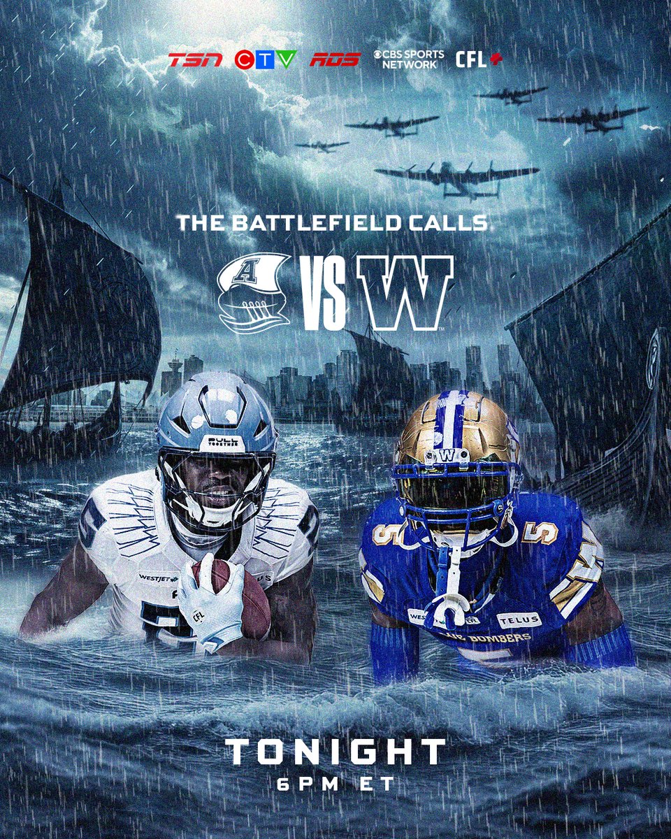 CFL's tweet photo. The @TorontoArgos and @Wpg_BlueBombers collide in the battle to hoist the #GreyCup

DON'T MISS THE ACTION!
⏰: 6:00 pm ET / 3:00 pm PT
📺: TSN, RDS, CTV, CBS,
📱: CFL+ https://t.co/ZjWKnaNFuF