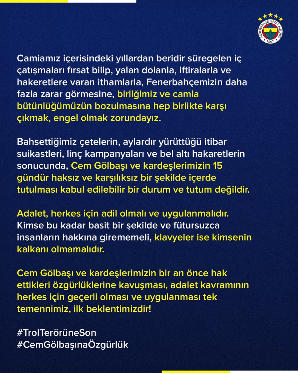 Klavyeler kimsenin silahı da kalkanı da olmamalıdır. Sosyal medya trollerinin kökü kazınmalıdır.

#CemGölbaşınaÖzgürlük
#TrolTerörüneSon