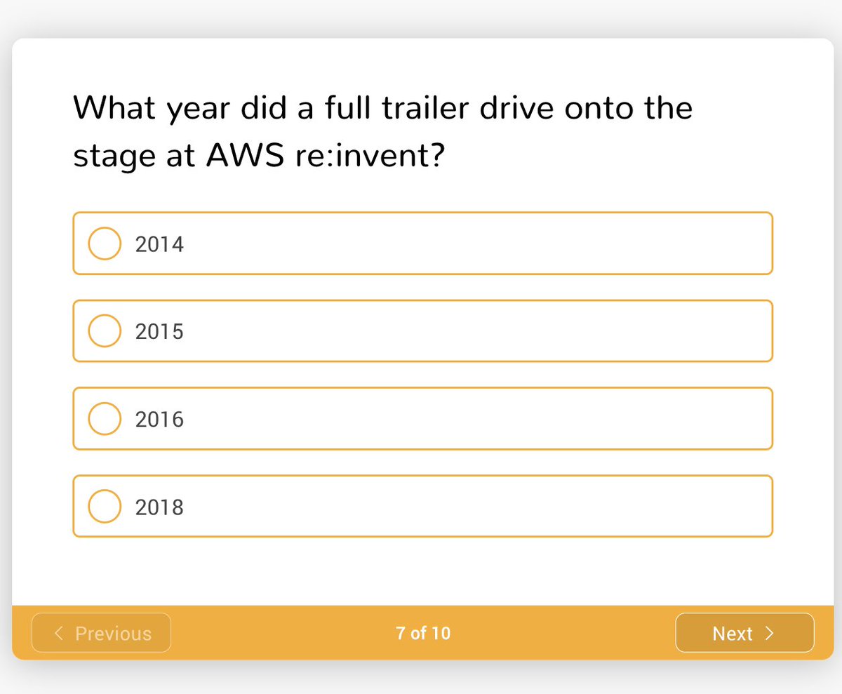 Check this reInvent Trivia -- I am sure you will love the  <a href="/Werner/">Werner Vogels</a> t-shirts question :))  
LMK your score :) 

iamondemand.outgrow.us/iod-aws-reinve…

lmk yr score!

#aws #reinvent #awsreinvent2024 #trivia