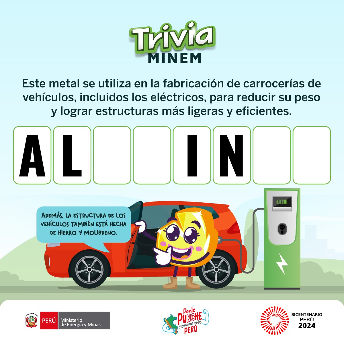 MinemPeru's tweet photo. ☝️A este metal lo encontramos en la carrocería de los vehículos y se utiliza para que sean más ligeros y eficientes ✅ ¿Sabes cuál es?
#TriviaMINEM https://t.co/s2BNsvc3Cf
