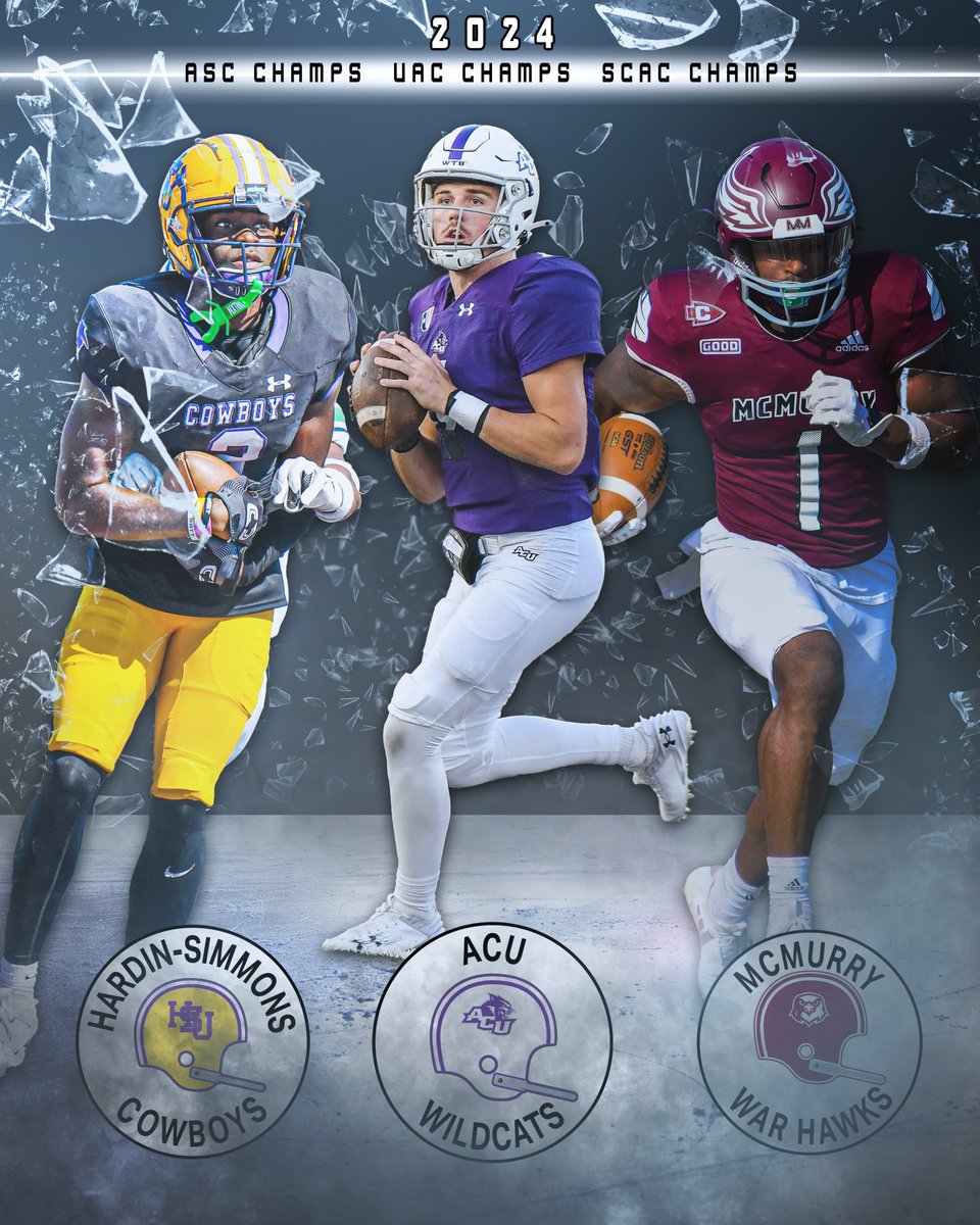Big Country Blitz (@codycoil) on Twitter photo A trio of conference champions in Abilene!
Hardin-Simmons wins the American Southwest Conference.
ACU wins the United Athletic Conference.
McMurry wins splits the Southern Collegiate Athletic Conference title. A trio of conference champions in Abilene!
Hardin-Simmons wins the American Southwest Conference.
ACU wins the United Athletic Conference.
McMurry wins splits the Southern Collegiate Athletic Conference title.