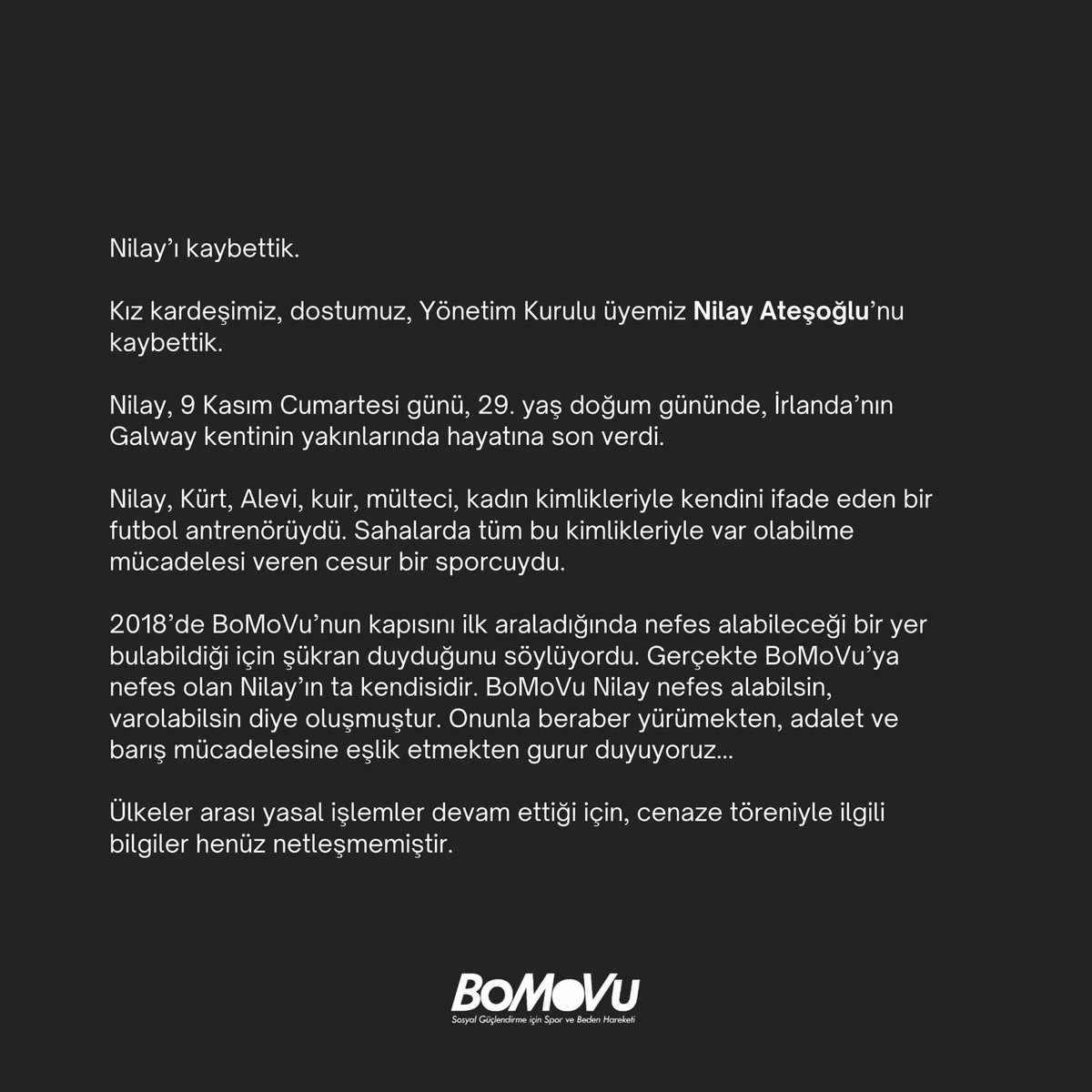 BoMoVu_'s tweet photo. Nilay’ı kaybettik.

Kız kardeşimiz, dostumuz, Yönetim Kurulu üyemiz #NilayAteşoğlu ’nu kaybettik. https://t.co/gY9wFzbGwW
