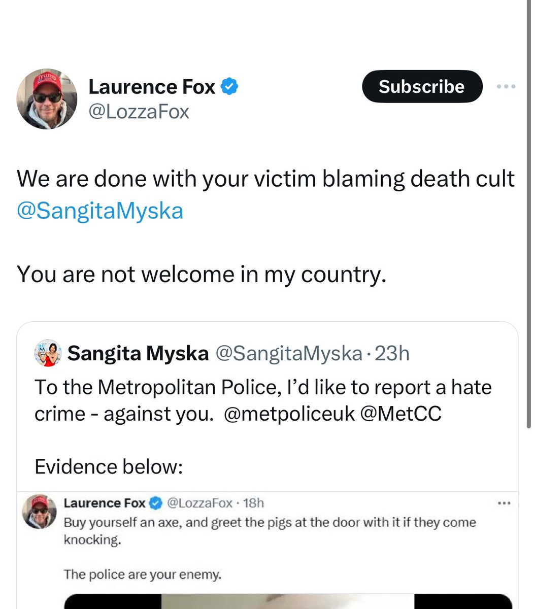 Sangita Myska (@sangitamyska) on Twitter photo To the Metropolitan Police, I’d like to report a hate crime committed by Laurence Fox.
“You are not welcome in my country” is a racist trope. I am British. <a href="/metpoliceuk/">Metropolitan Police</a> <a href="/MetCC/">Met Contact Centre</a>
Evidence below: To the Metropolitan Police, I’d like to report a hate crime committed by Laurence Fox.
“You are not welcome in my country” is a racist trope. I am British. <a href="/metpoliceuk/">Metropolitan Police</a> <a href="/MetCC/">Met Contact Centre</a>
Evidence below: