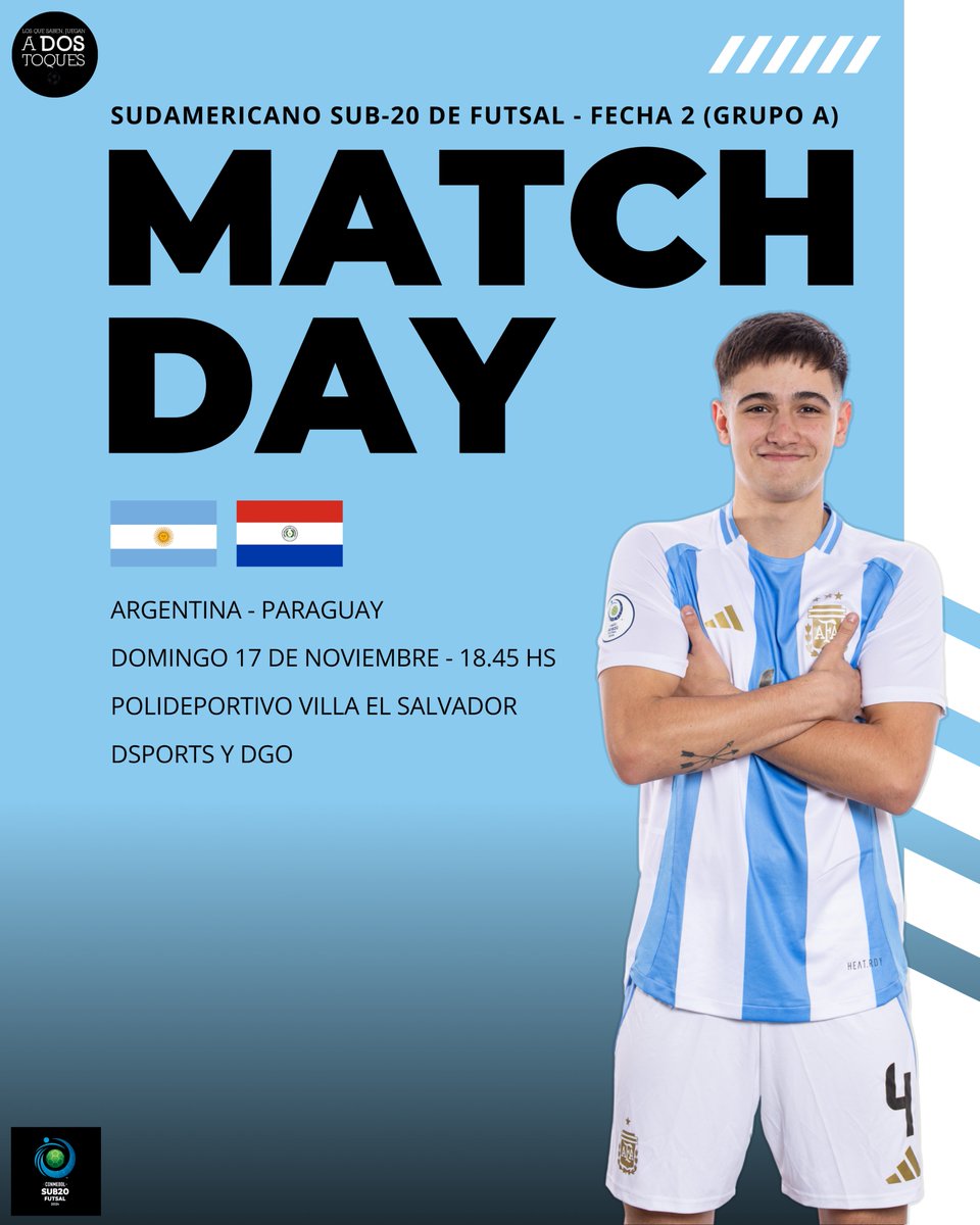 adostoquesfut's tweet photo. 🇦🇷 ¡HOY JUEGA #ARGENTINA!

🆚 #Paraguay 🇵🇾
🏆 #Sub20FS - Fecha 2 (Grupo A)
⏰ 18.45 hs
🏟 Polideportivo Villa El Salvador
📺 @DSports y @DGO_Latam https://t.co/CpHCJBkj2C