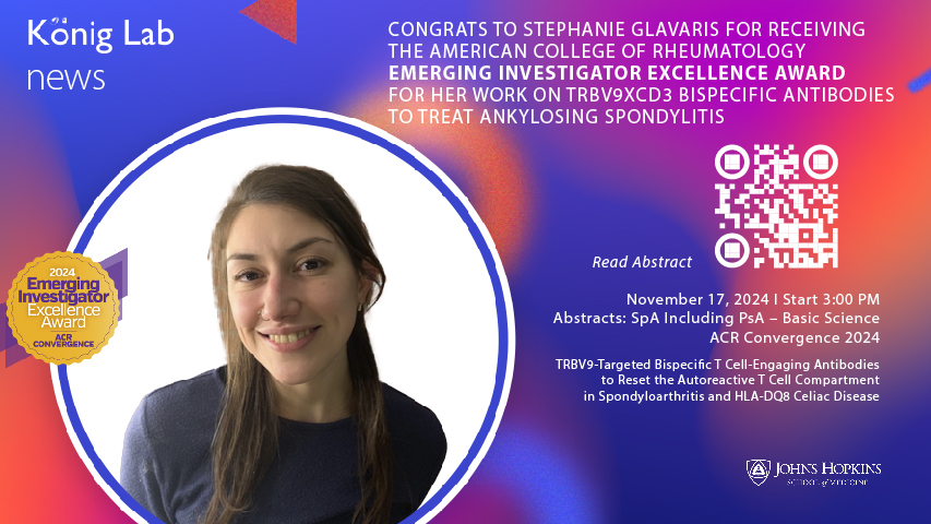 Max Konig (@maxkonigmd) on Twitter photo Congrats to Steph Glavaris for being awarded the ACR Emerging Investigator Excellence Award for her work on T cell-engaging antibodies to deeply deplete TRBV9+, autoreactive T cells in ankylosing spondylitis and celiac disease. #ACR24 <a href="/jhrheumatology/">Johns Hopkins Rheumatology</a> <a href="/CMM/">Chris Marston</a> #ProundMentorMoment Congrats to Steph Glavaris for being awarded the ACR Emerging Investigator Excellence Award for her work on T cell-engaging antibodies to deeply deplete TRBV9+, autoreactive T cells in ankylosing spondylitis and celiac disease. #ACR24 <a href="/jhrheumatology/">Johns Hopkins Rheumatology</a> <a href="/CMM/">Chris Marston</a> #ProundMentorMoment