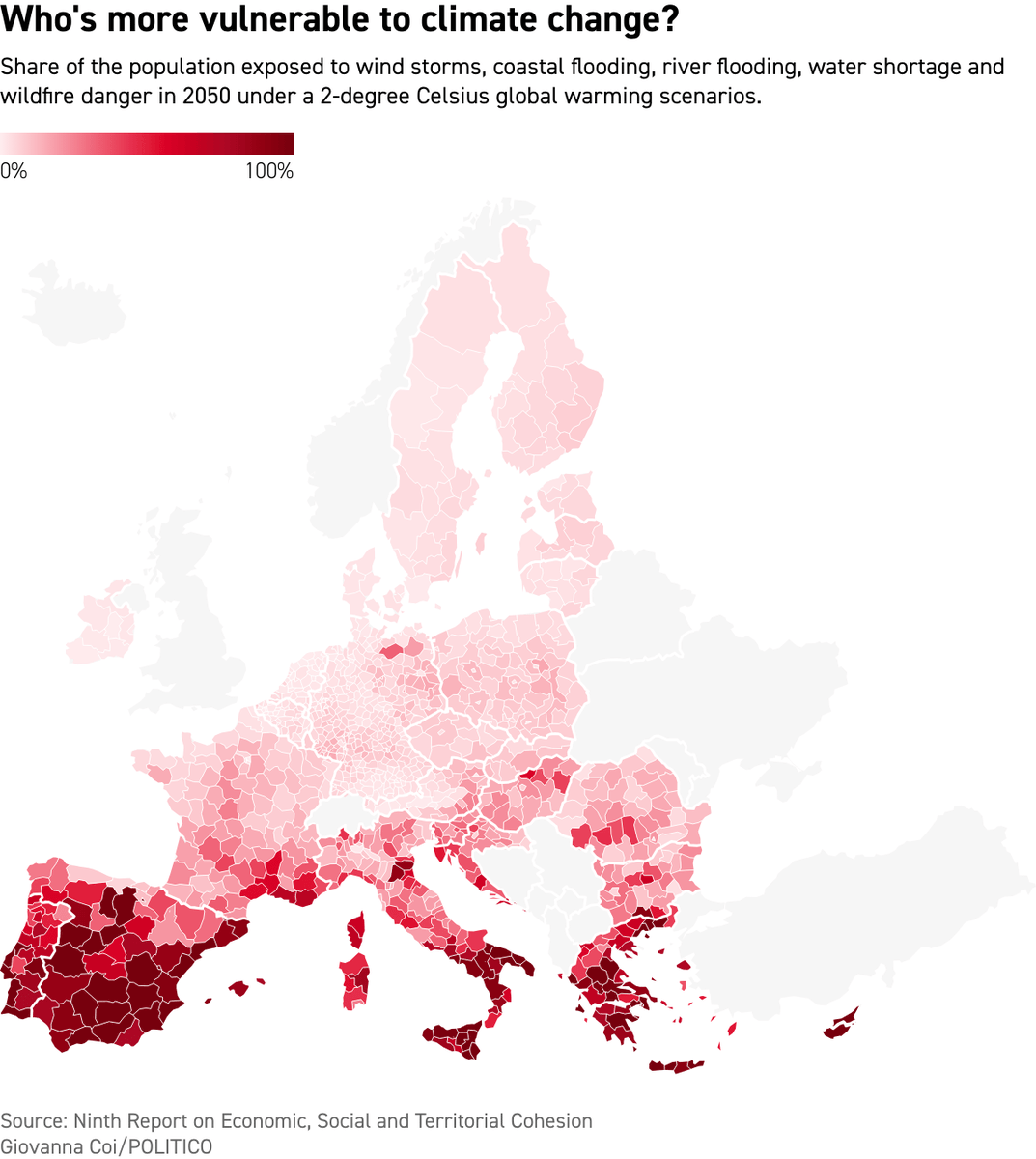 % de la población europea expuesta a peligros derivados del cambio climático hasta 2050, por región