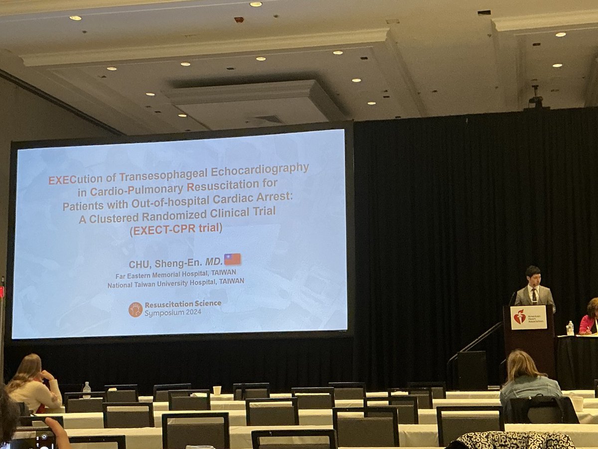 Tommaso Scquizzato, MD (@tscquizzato) on Twitter photo Now on the stage CHU Sheng-En, MD from Taiwan presenting the results of the EXECT-CPR cluster randomised trial: EXECution of Transesophageal Echocardiography in CardioPulmonary Resuscitation for Patients with Out-of-hospital Cardiac Arrest
#ReSS24 <a href="/AHAScience/">AHA Science</a> <a href="/ChuShengEn/">Ian S.E. Chu</a> Now on the stage CHU Sheng-En, MD from Taiwan presenting the results of the EXECT-CPR cluster randomised trial: EXECution of Transesophageal Echocardiography in CardioPulmonary Resuscitation for Patients with Out-of-hospital Cardiac Arrest
#ReSS24 <a href="/AHAScience/">AHA Science</a> <a href="/ChuShengEn/">Ian S.E. Chu</a>