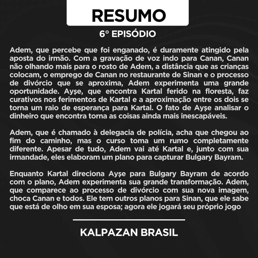 Kalpazanbrasil's tweet photo. CONFIRA! Resumo do 6º episódio de #Kalpazan. 

#cağlarertuğrul #denizbaysal - #AyKar #timurçinesen #şükranovalı - #CamDem https://t.co/c3wIDEbAZe